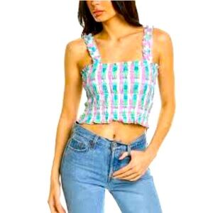 French Connection Bibiana Womens Ruffle Short Crop Top sz XS Latigo Bay Mlt NWT